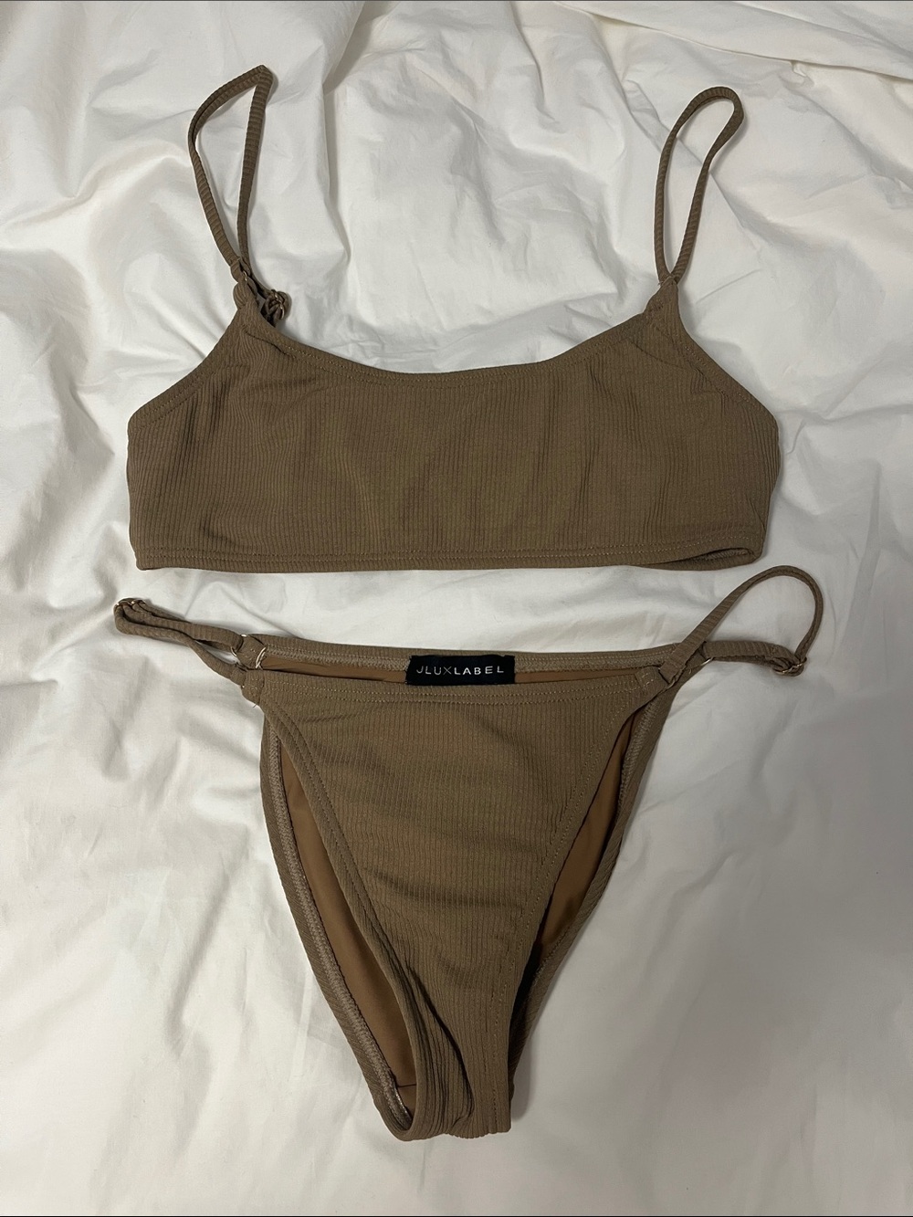 JLUXLABEL Women's Brown Ribbed Bikini Set - Scoop Top & High Cut Bottom